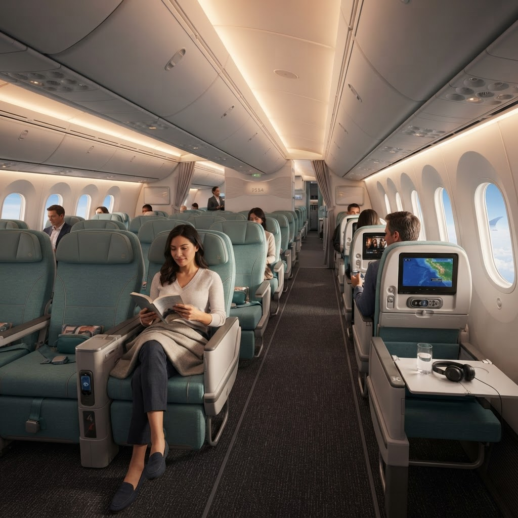 Modern airplane cabin interior with rows of comfortable teal and grey seats