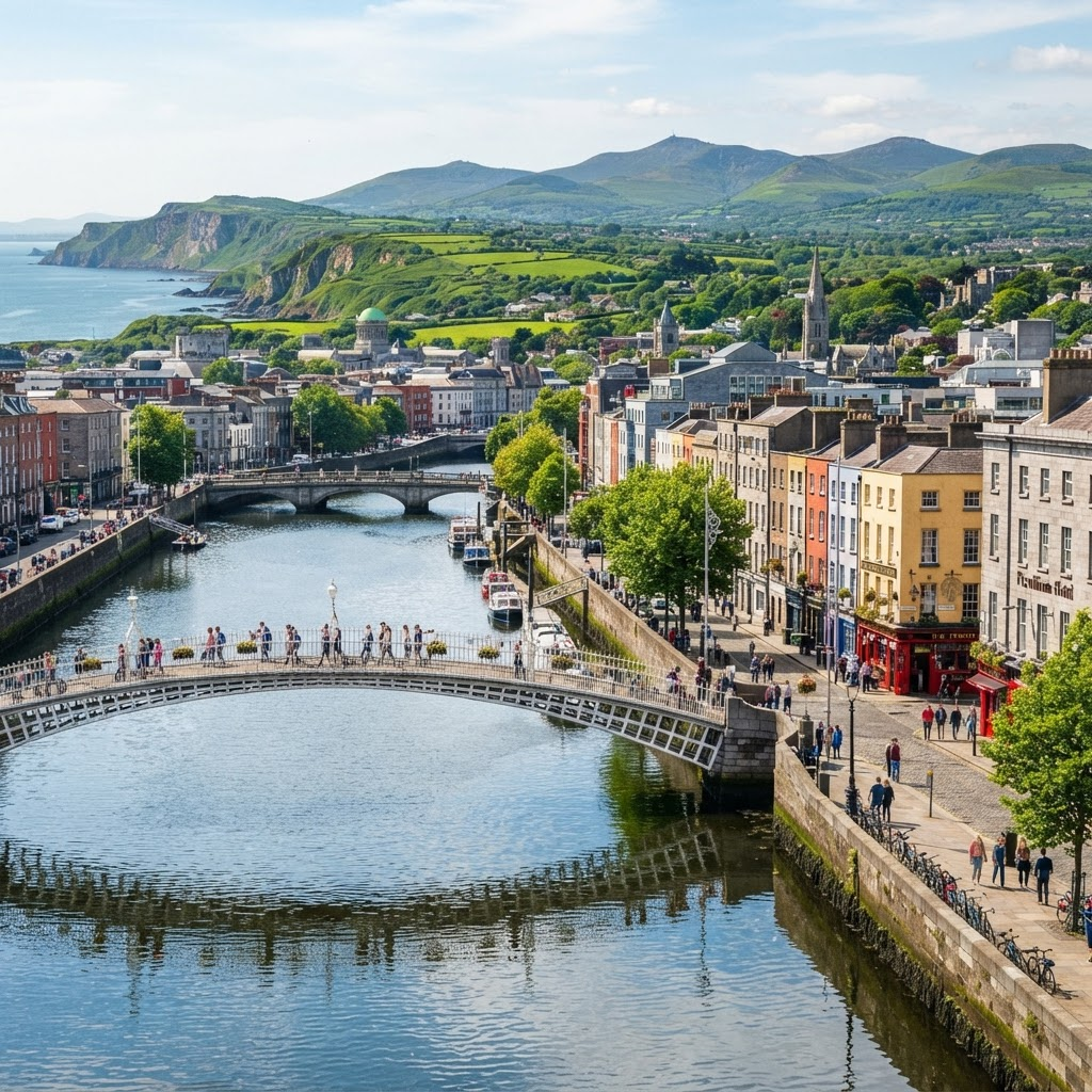 Scenic view of Dublin, Ireland with the Ha'penny Bridge over the River Liffey